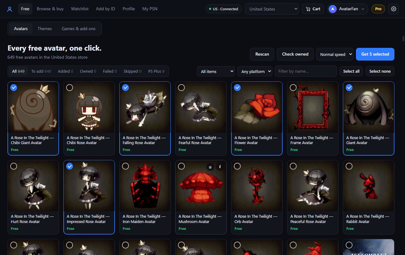 Avatar Cart's Free tab: a grid of free avatars, five selected, with a Get 5 selected button.